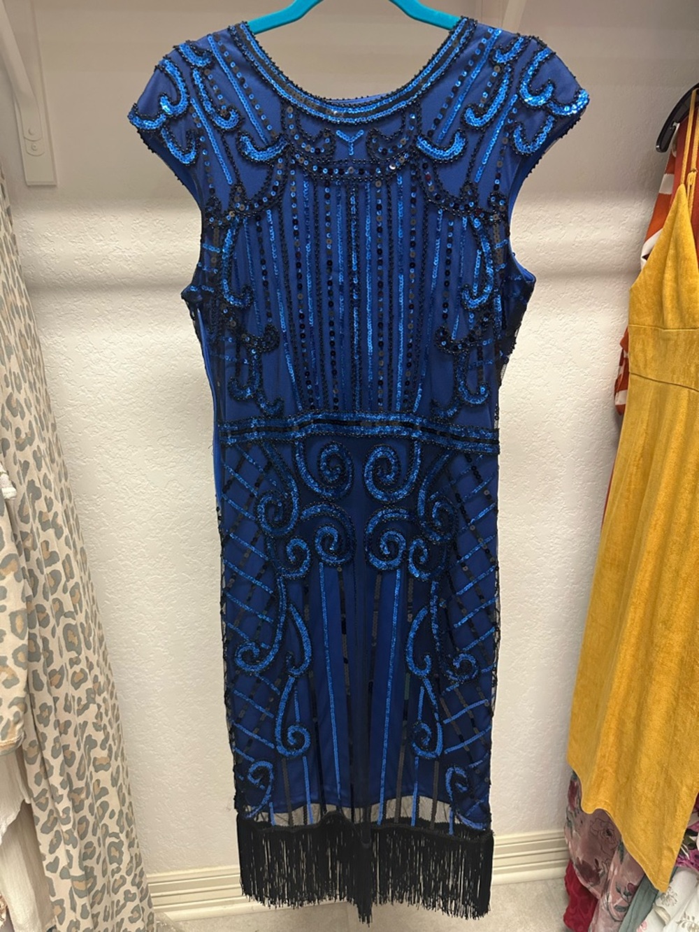 Beaded Royal Blue Sheath Dress with Fringe